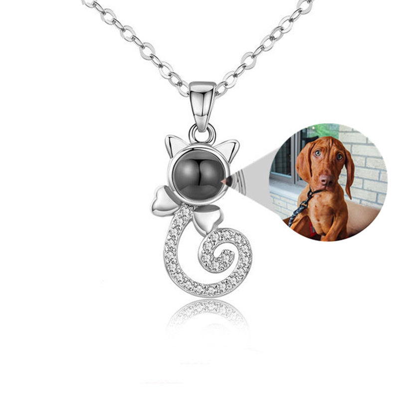 S925 Silver Personalized Gift Cat Shape Customized Colorful Photo Projection Necklace