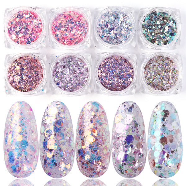 8 Box Mix Glitter Nail Art Powder Flakes Set