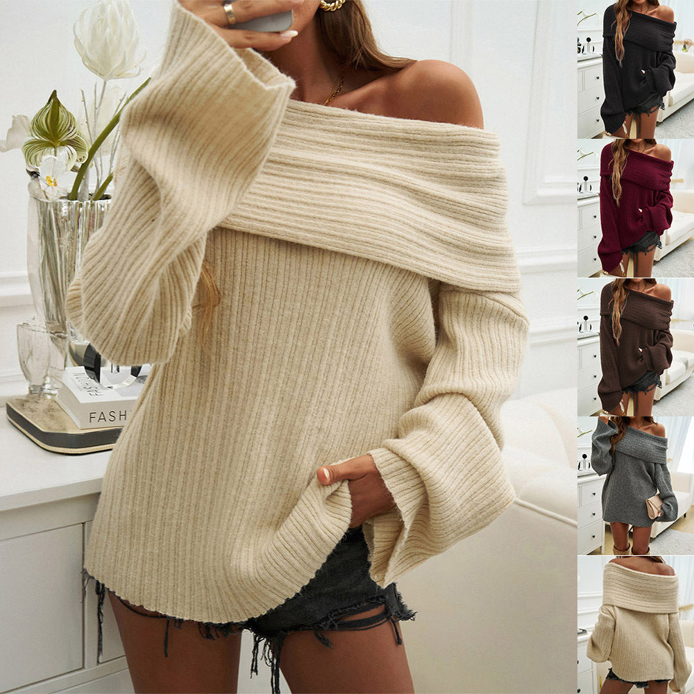 New Off-shoulder Knitted Sweater Fashion Loose Solid Pullover Long-sleeved Top Temperament Clothing For Women