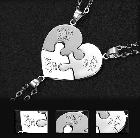 Engraved S925 Silver Jigsaw Puzzle Breakable Heart Pendant Necklaces for Couples, Friends & Family