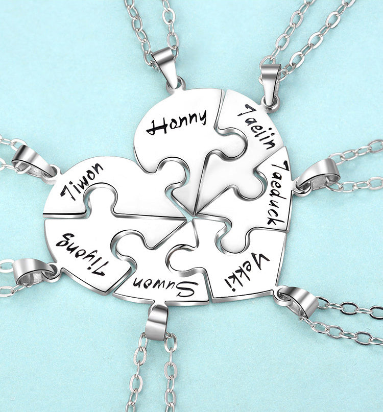 Engraved S925 Silver Jigsaw Puzzle Breakable Heart Pendant Necklaces for Couples, Friends & Family