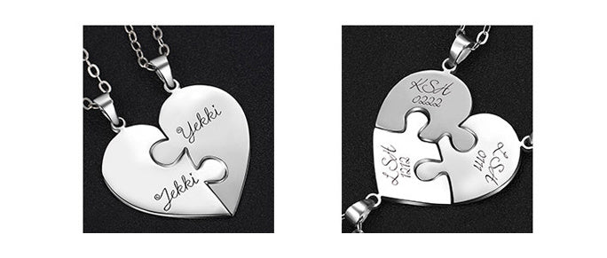 Engraved S925 Silver Jigsaw Puzzle Breakable Heart Pendant Necklaces for Couples, Friends & Family