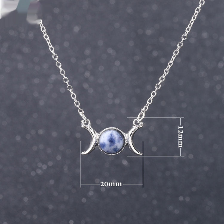 Vintage Crescent Lock Bone Moon Sun Pendant Silver Women's Natural Stone Necklace