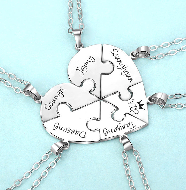 Engraved S925 Silver Jigsaw Puzzle Breakable Heart Pendant Necklaces for Couples, Friends & Family