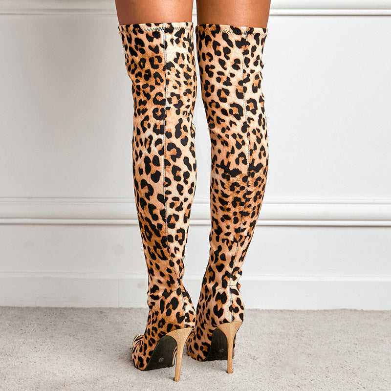 Winter Fashion Leopard Print Pointed-toe Skinny Stiletto Heel High Leg Boot