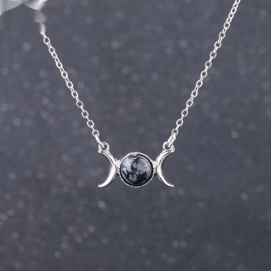 Vintage Crescent Lock Bone Moon Sun Pendant Silver Women's Natural Stone Necklace