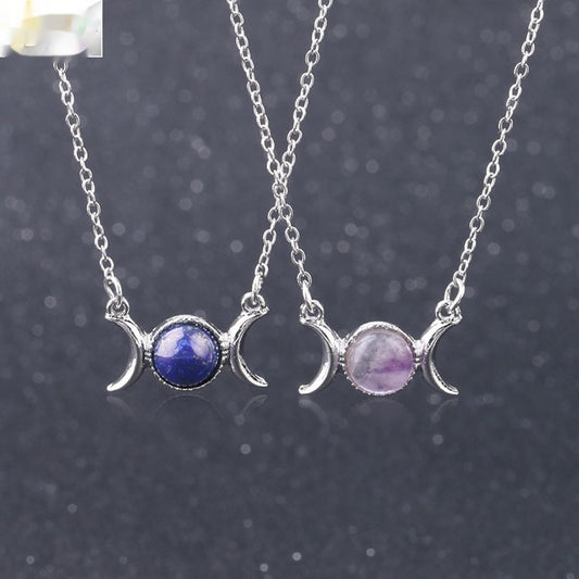 Vintage Crescent Lock Bone Moon Sun Pendant Silver Women's Natural Stone Necklace