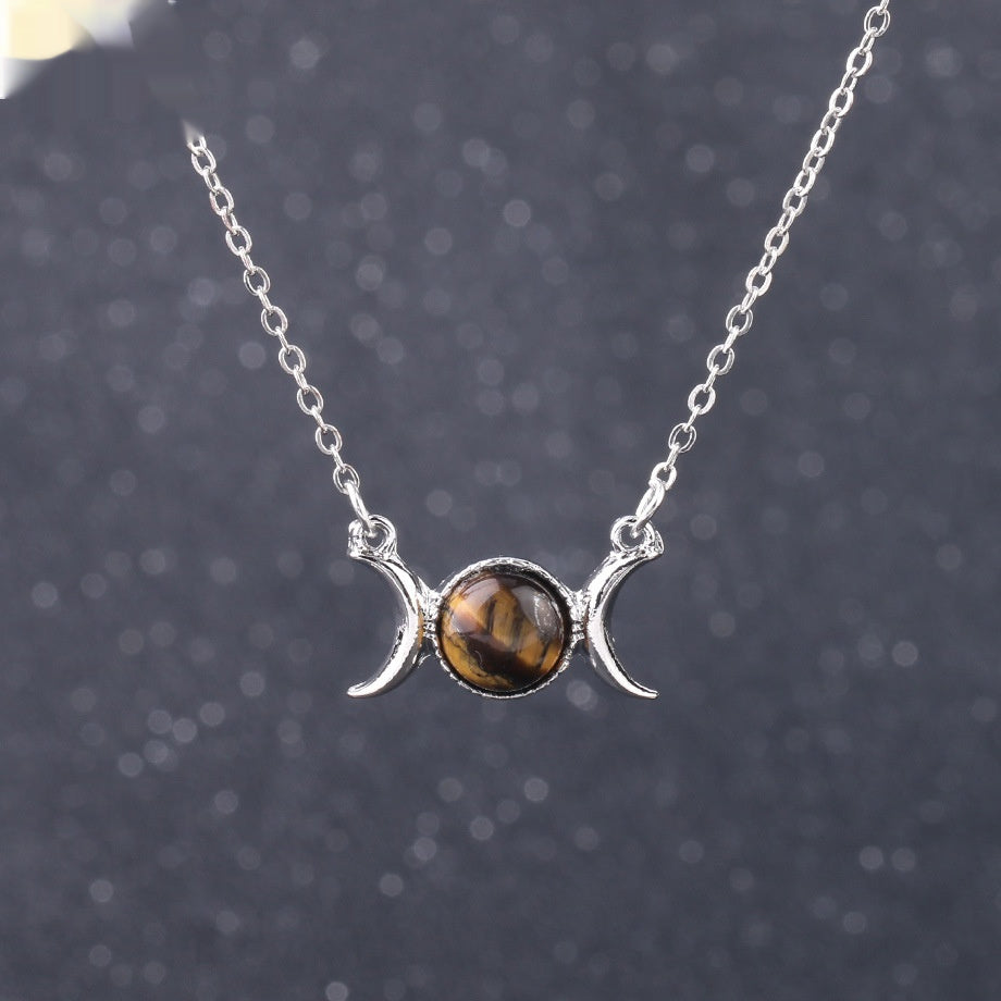 Vintage Crescent Lock Bone Moon Sun Pendant Silver Women's Natural Stone Necklace