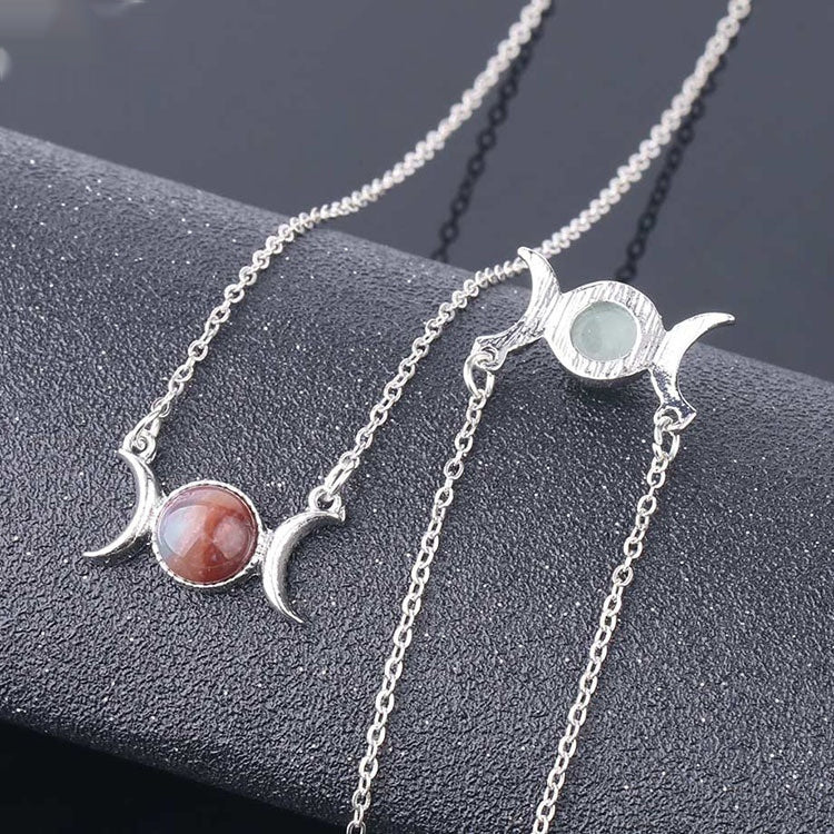 Vintage Crescent Lock Bone Moon Sun Pendant Silver Women's Natural Stone Necklace